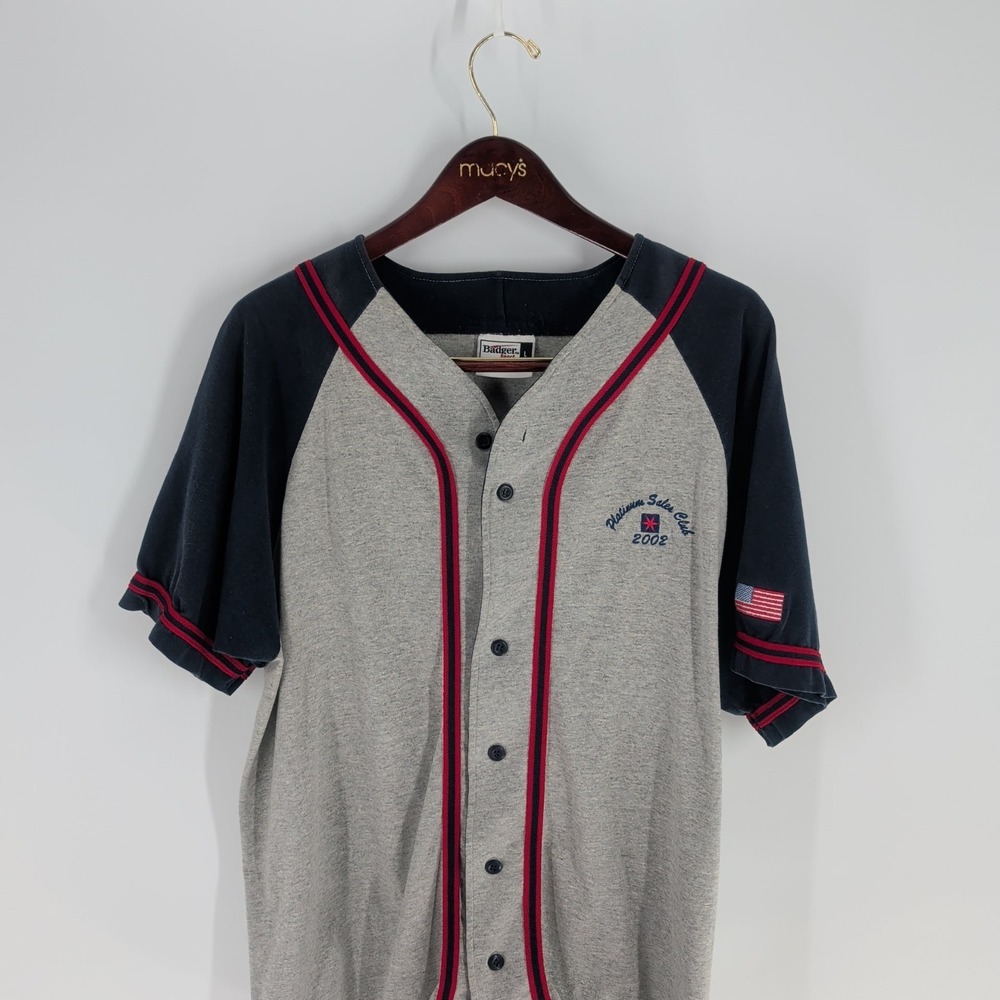 VTG Y2K Badger Sport Platinum Sales Club 2002 Baseball Shirt Gray Navy Blue Sz L